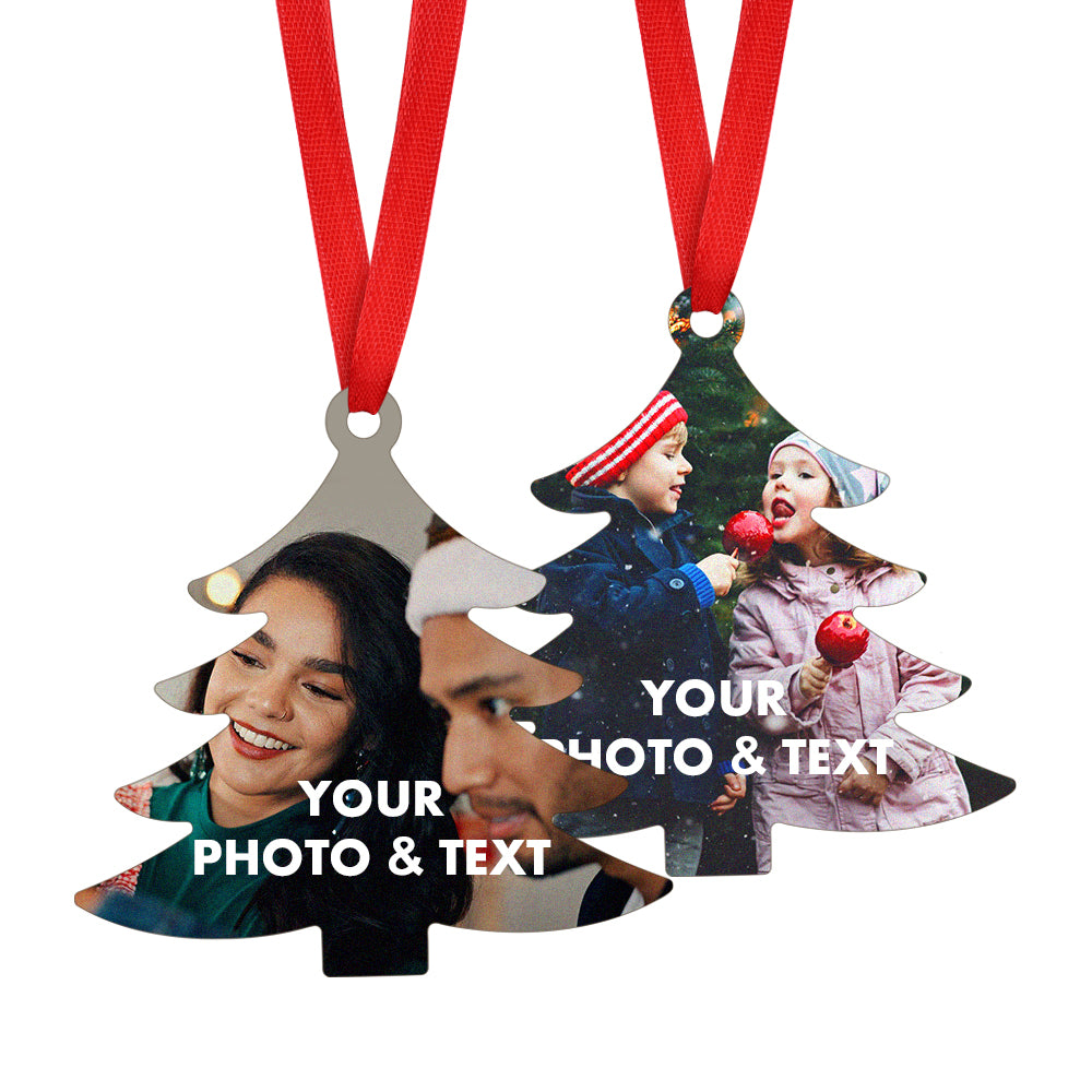 Personalized Christmas tree ornament with photos and text space on a white background