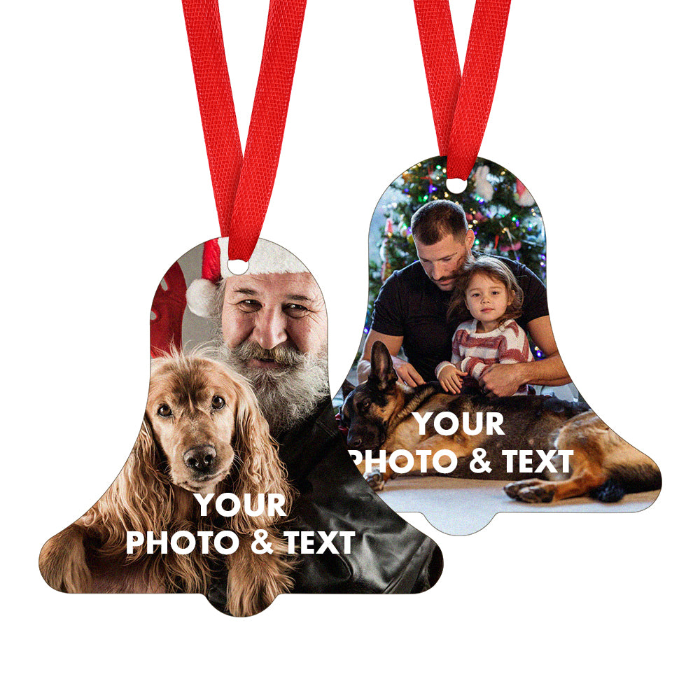 Personalized photo ornament with a red ribbon, featuring two different photos of people and dogs.