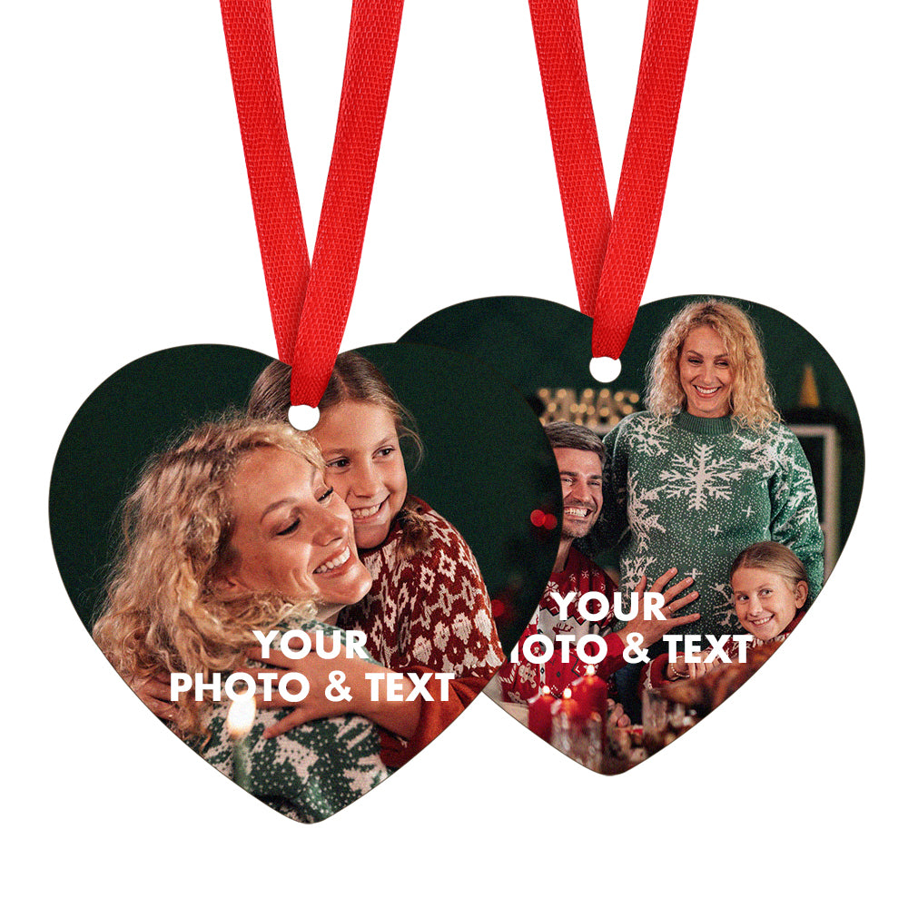 Heart-shaped custom photo text Christmas ornament on tree