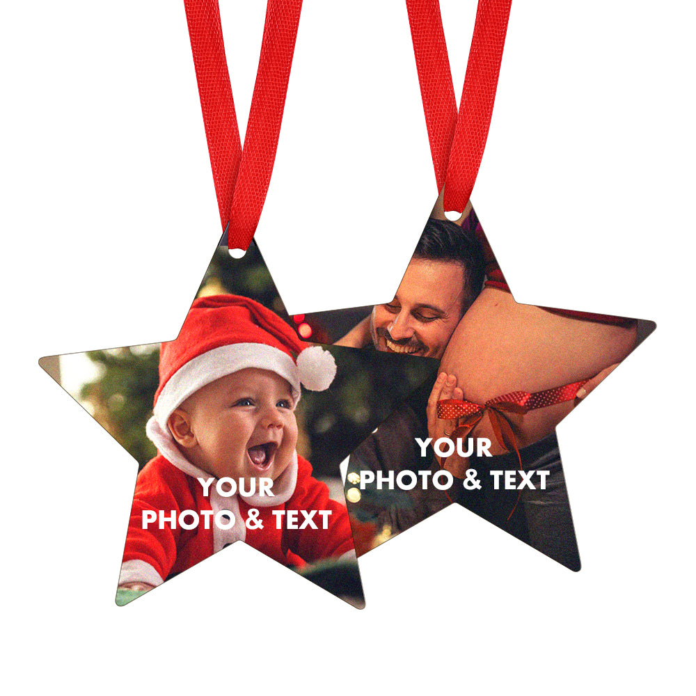 Star-shaped photo ornament with red ribbon, customizable text and photos.