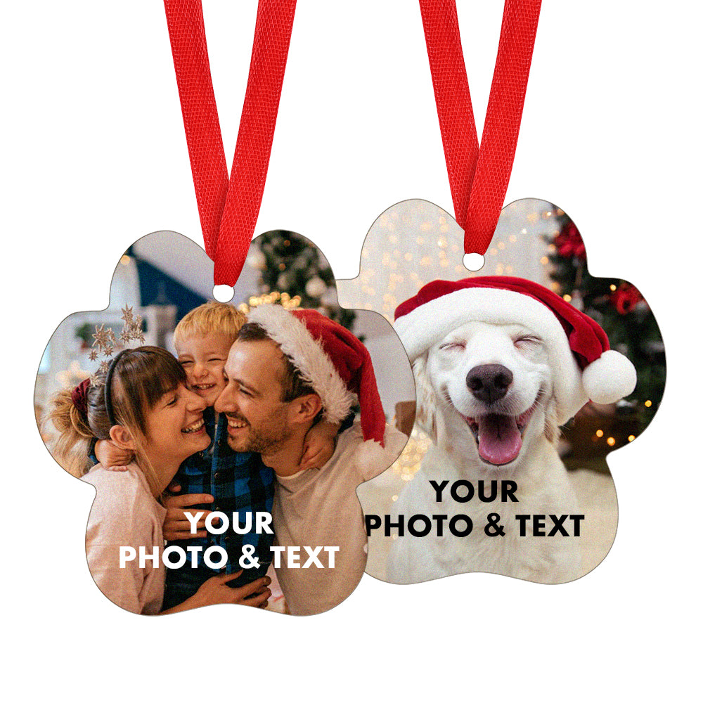 customizable Christmas ornaments with red ribbons, one featuring a family photo and the other with a dog wearing a Santa hat.