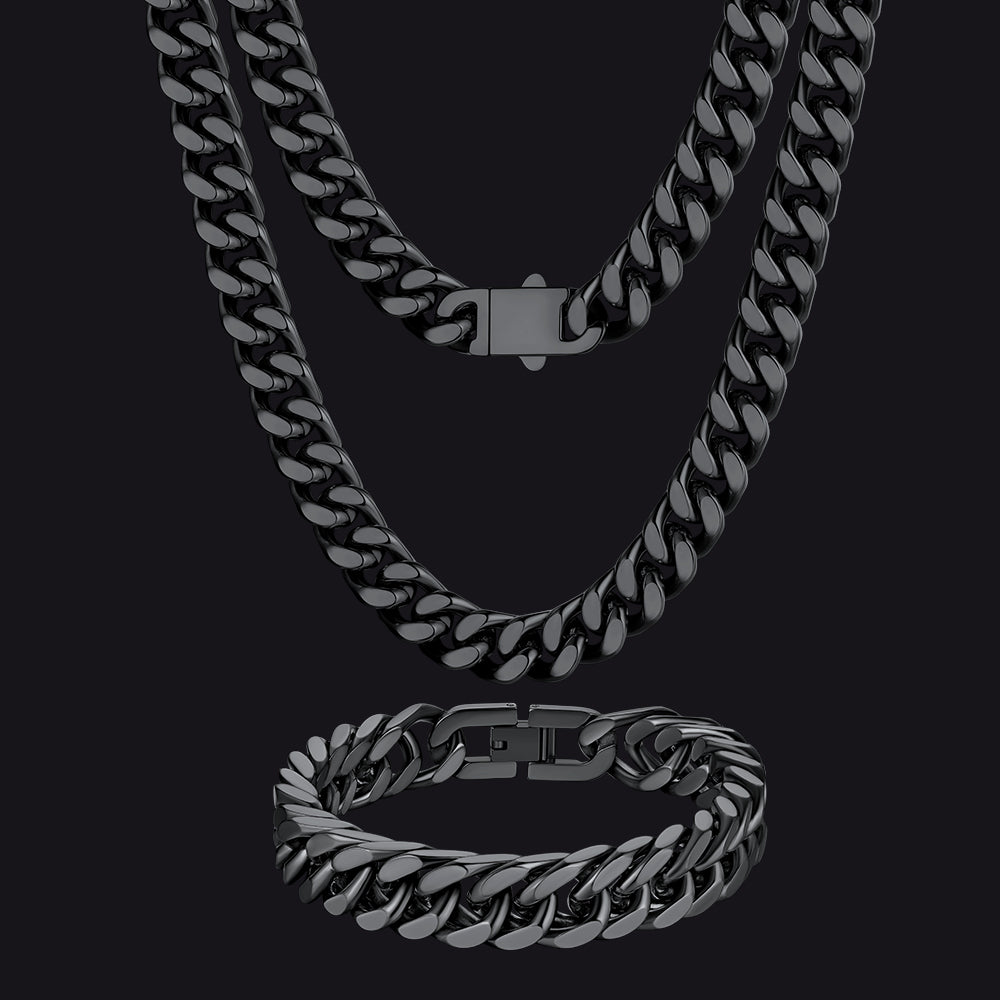 Black Cuban Link Necklace and Bracelet Set - Birthday Gift Idea