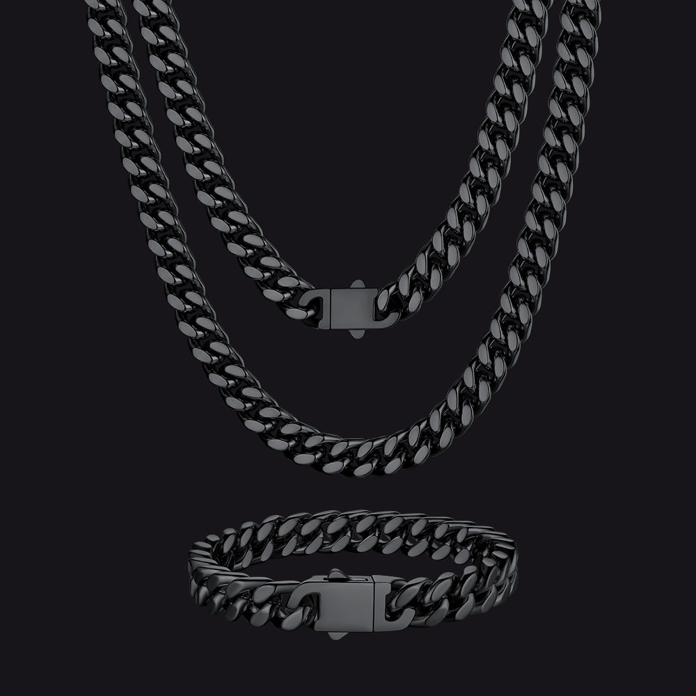 9MM Miami Cuban chain and bracelet set for men in black finish