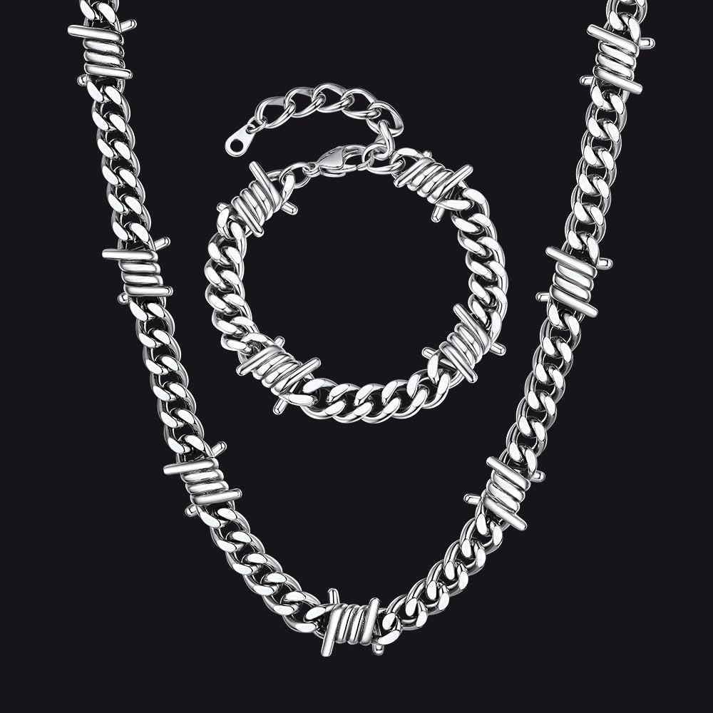 9MM barbed wire Cuban chain and bracelet set in stainless steel