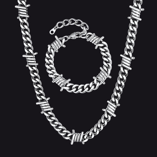 9MM barbed wire Cuban chain and bracelet set in stainless steelimg