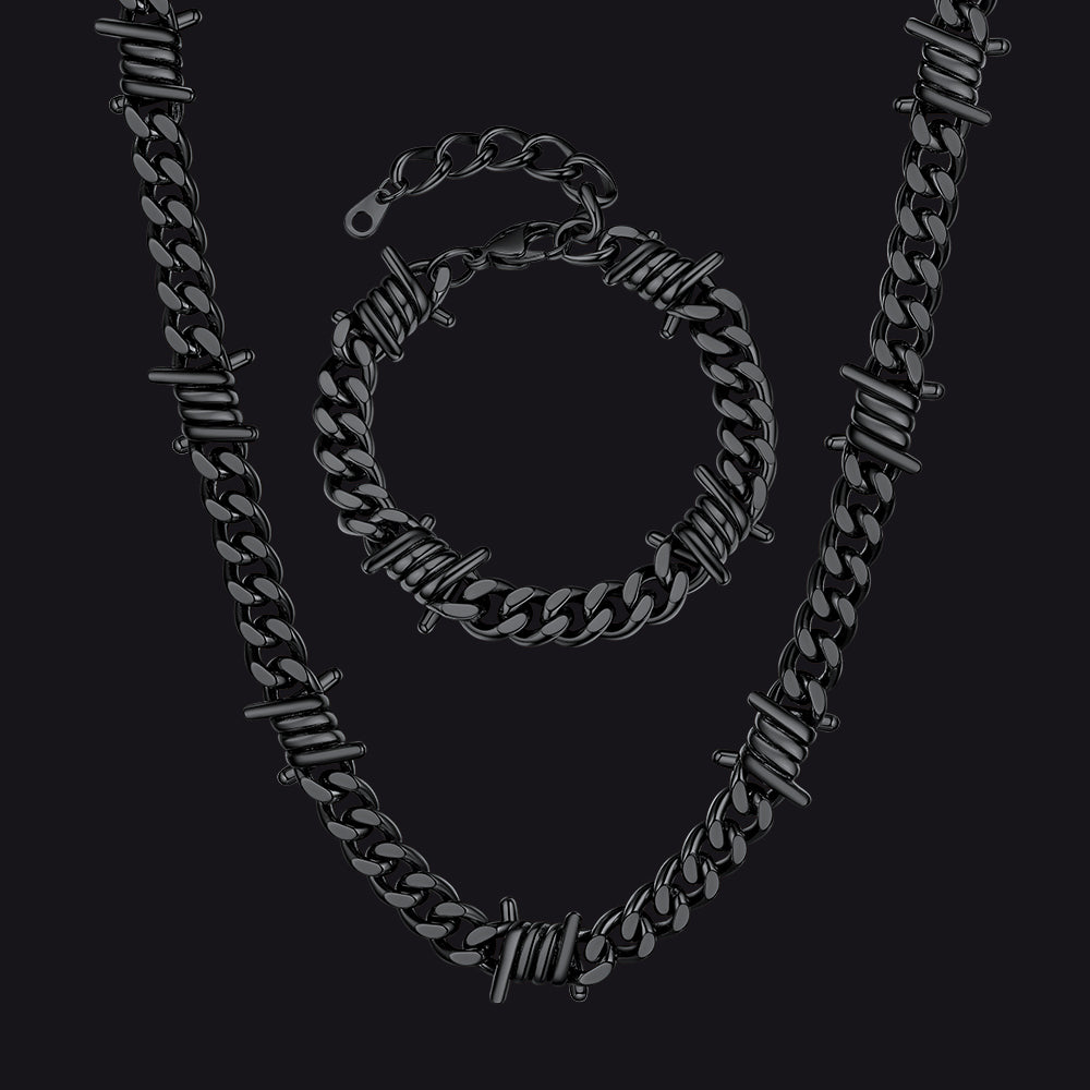 9MM barbed wire Cuban chain and bracelet set in matte black