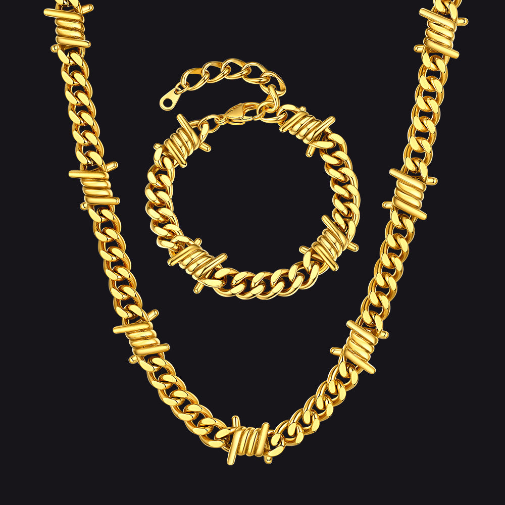 9MM barbed wire Cuban chain and bracelet set in gold finish
