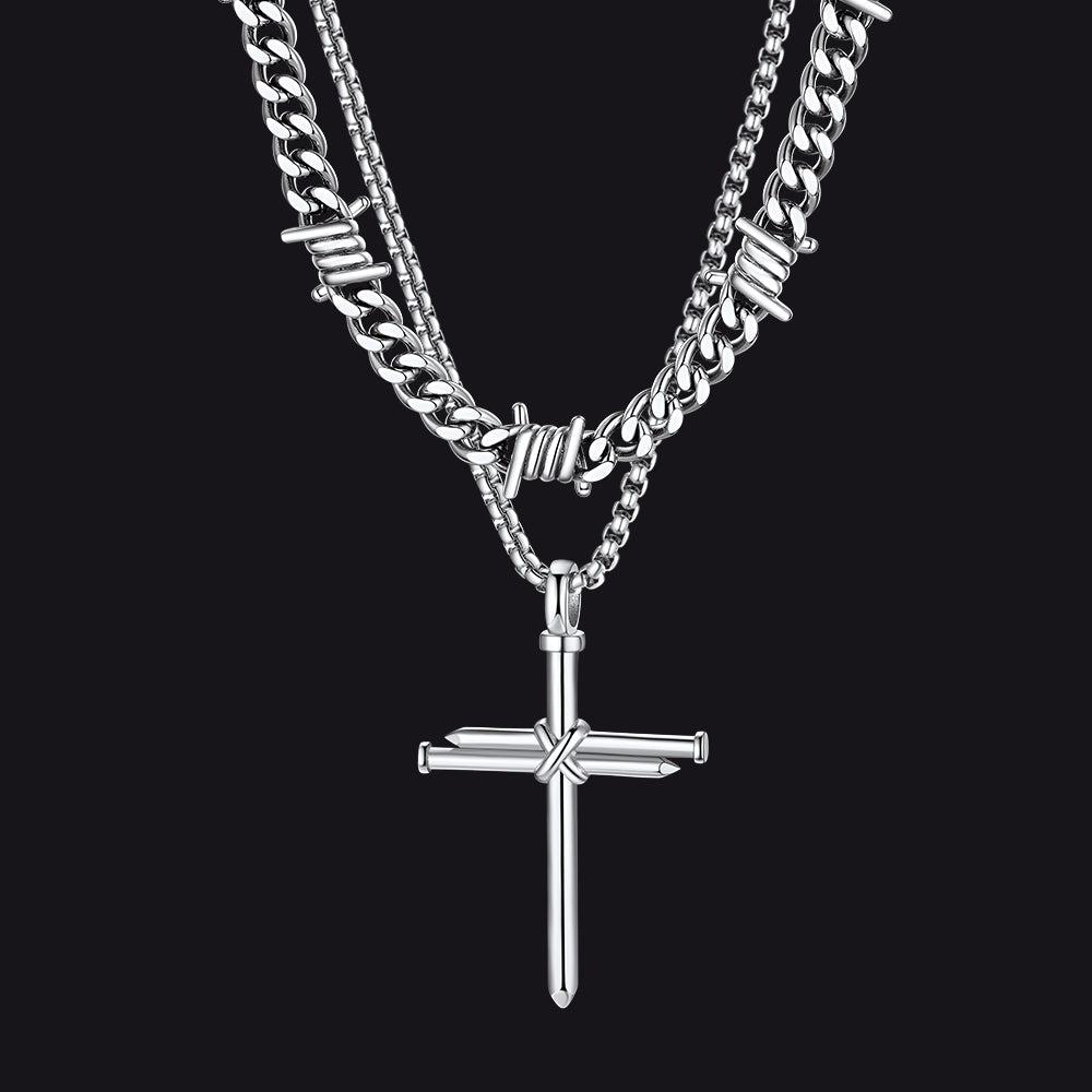 Gothic stainless steel necklace set with barbed wire and cross