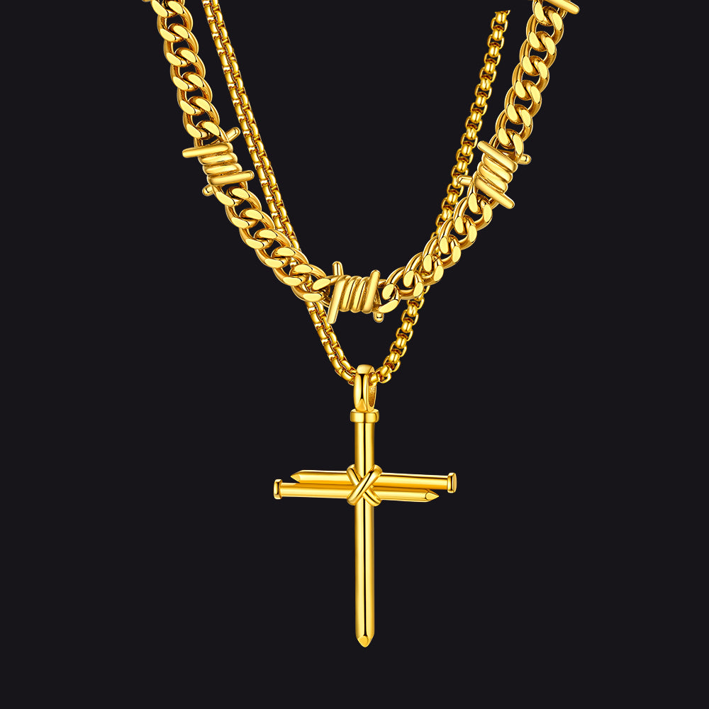 Gold Barbed wire Cuban chain with nail cross layered pendant for men