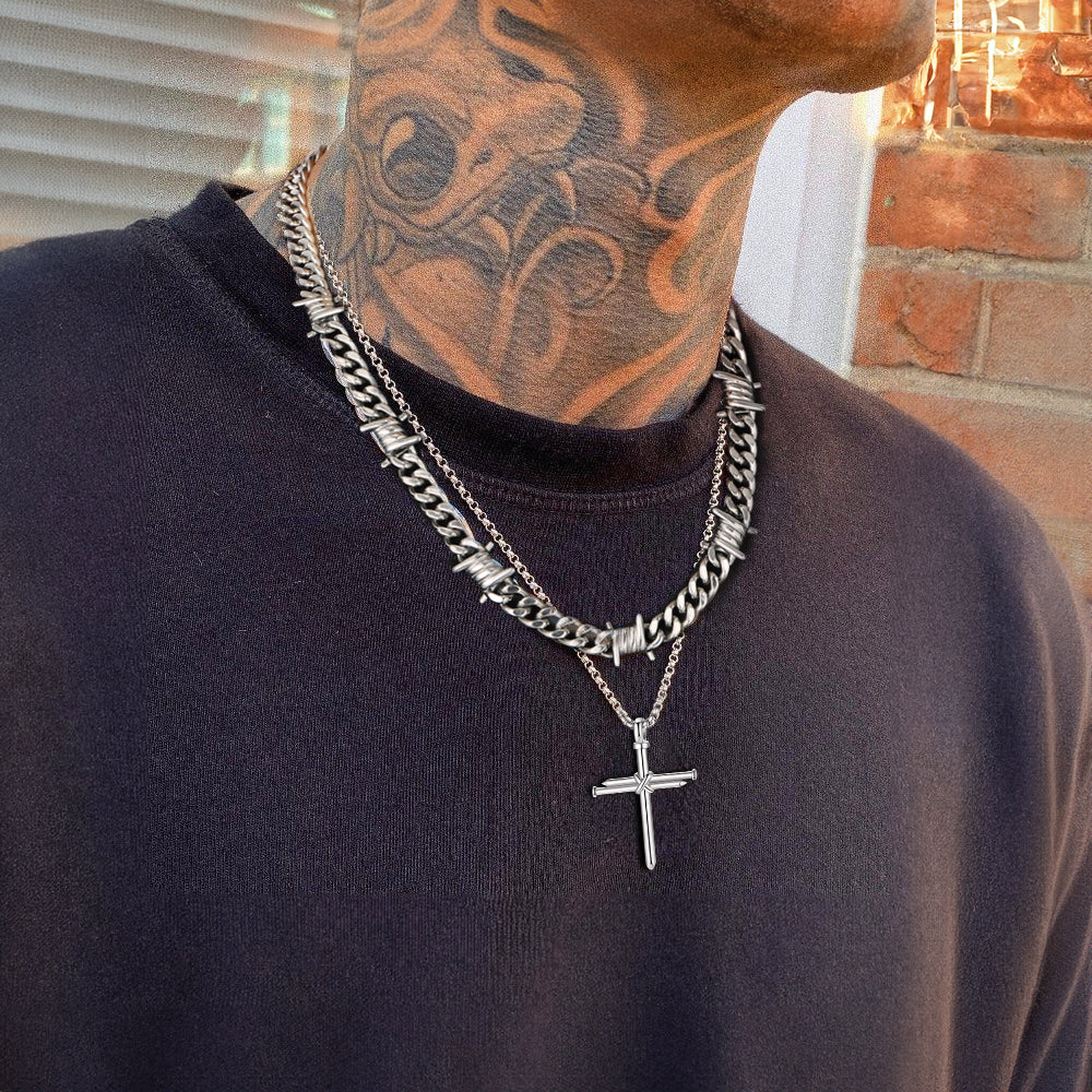 Men’s barbed wire Cuban necklace and cross pendant set
