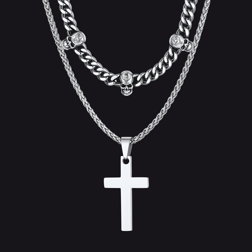 Stainless steel Cuban chain with skull and cross pendants