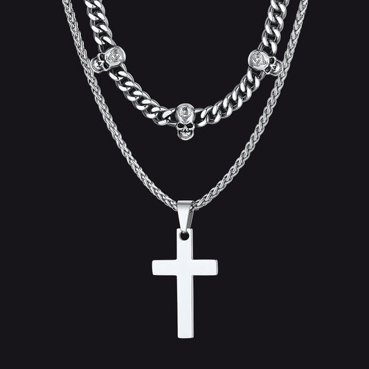 Stainless steel Cuban chain with skull and cross pendantsimg