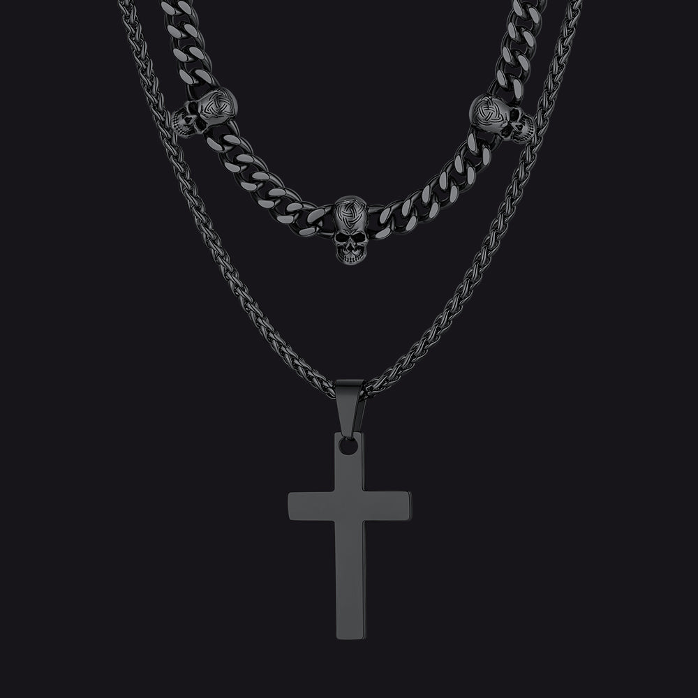 Black Gothic layered necklace with cross and skull charm
