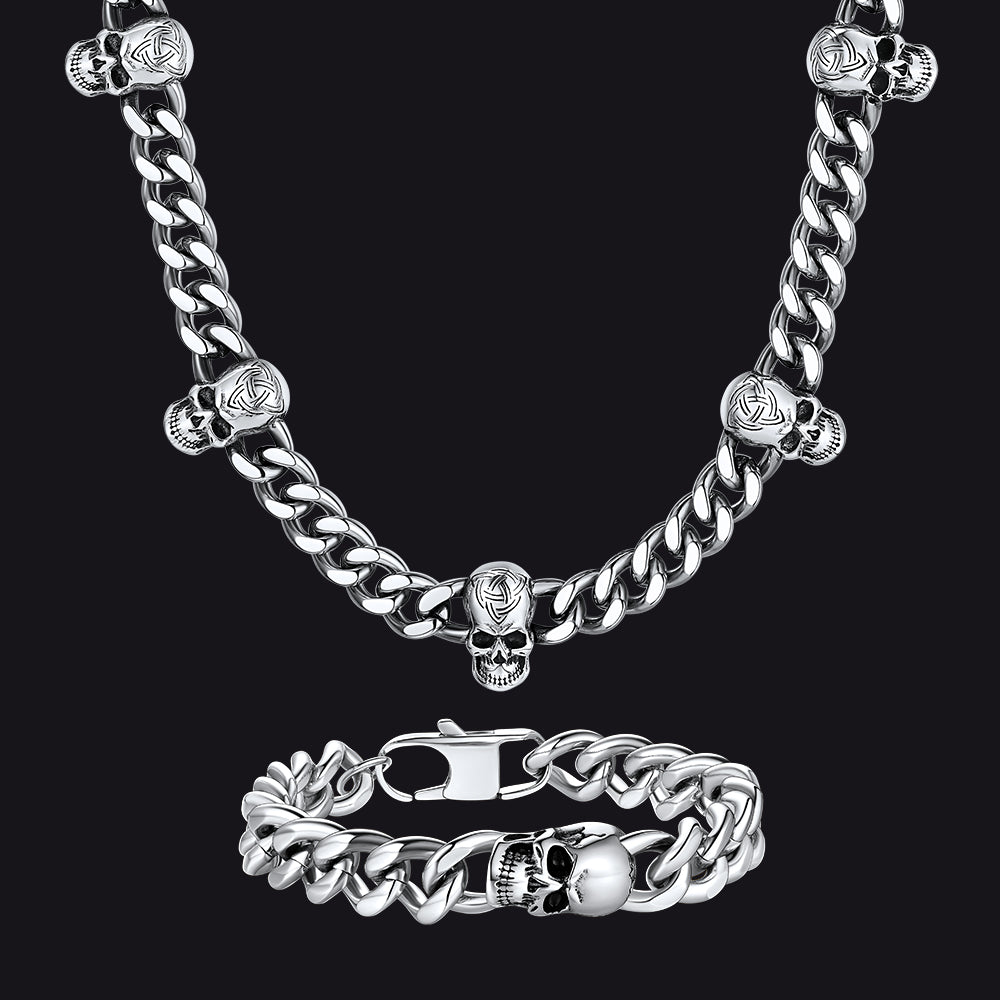 Gothic Skull Cuban Link Chain & Bracelet Set for Men