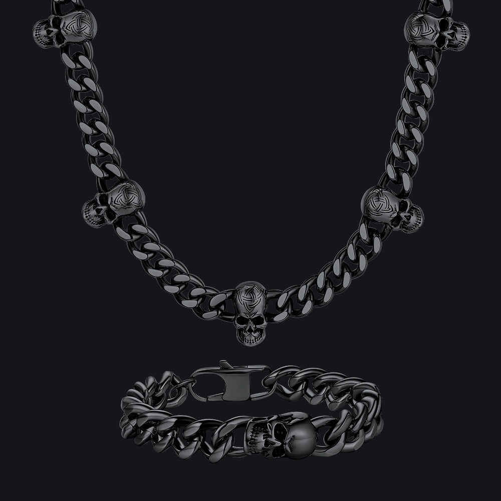 Black Gothic Skull Cuban Link Chain & Bracelet Set for Men