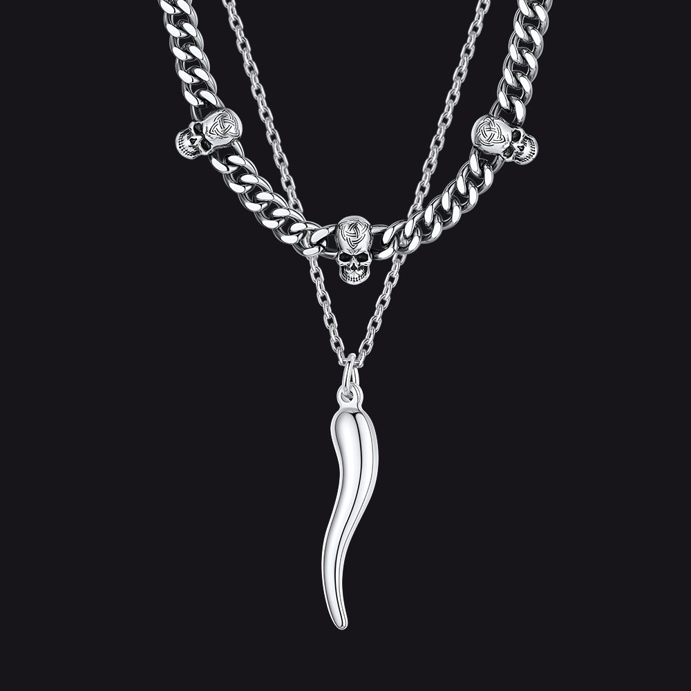 Gothic skull and Italian horn Cuban chain layered necklace for men