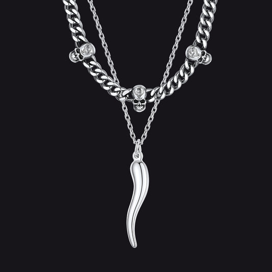 Gothic skull and Italian horn Cuban chain layered necklace for menimg