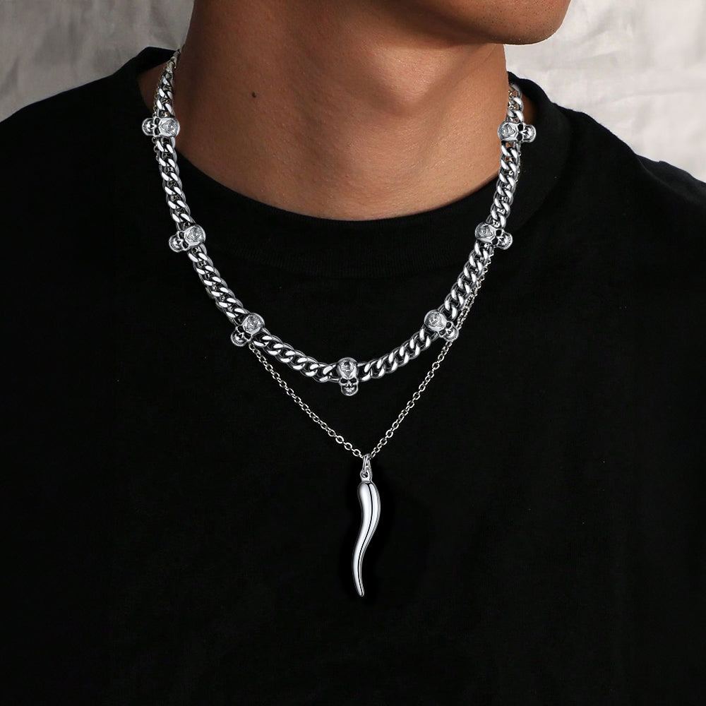 Stainless steel Cuban chain with skull and Cornicello pendant