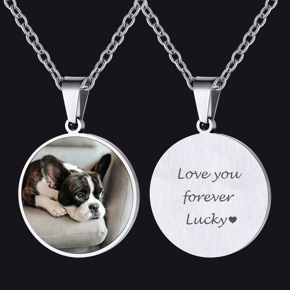 Pet memorial necklace with a photo of a dog on one side and 'Love you forever Lucky'