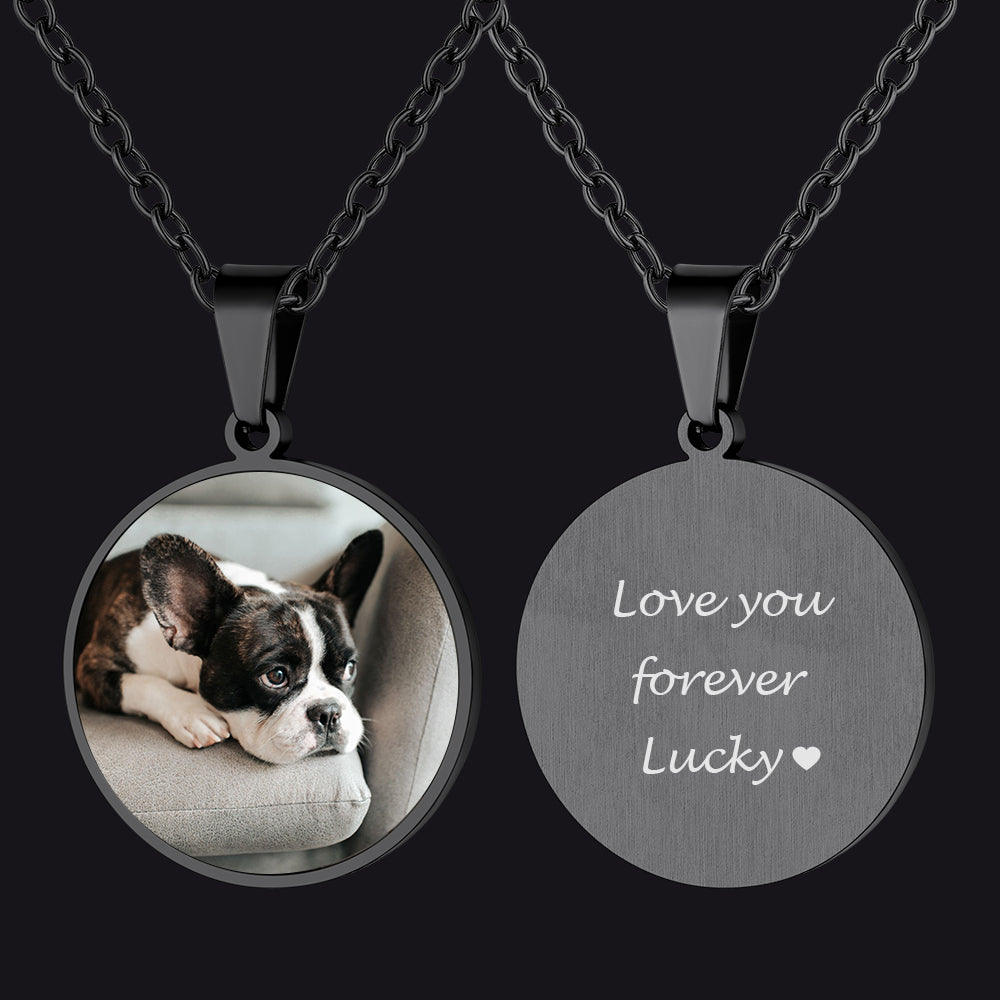 Necklace with a pendant featuring a dog's photo and engraved text on a black background