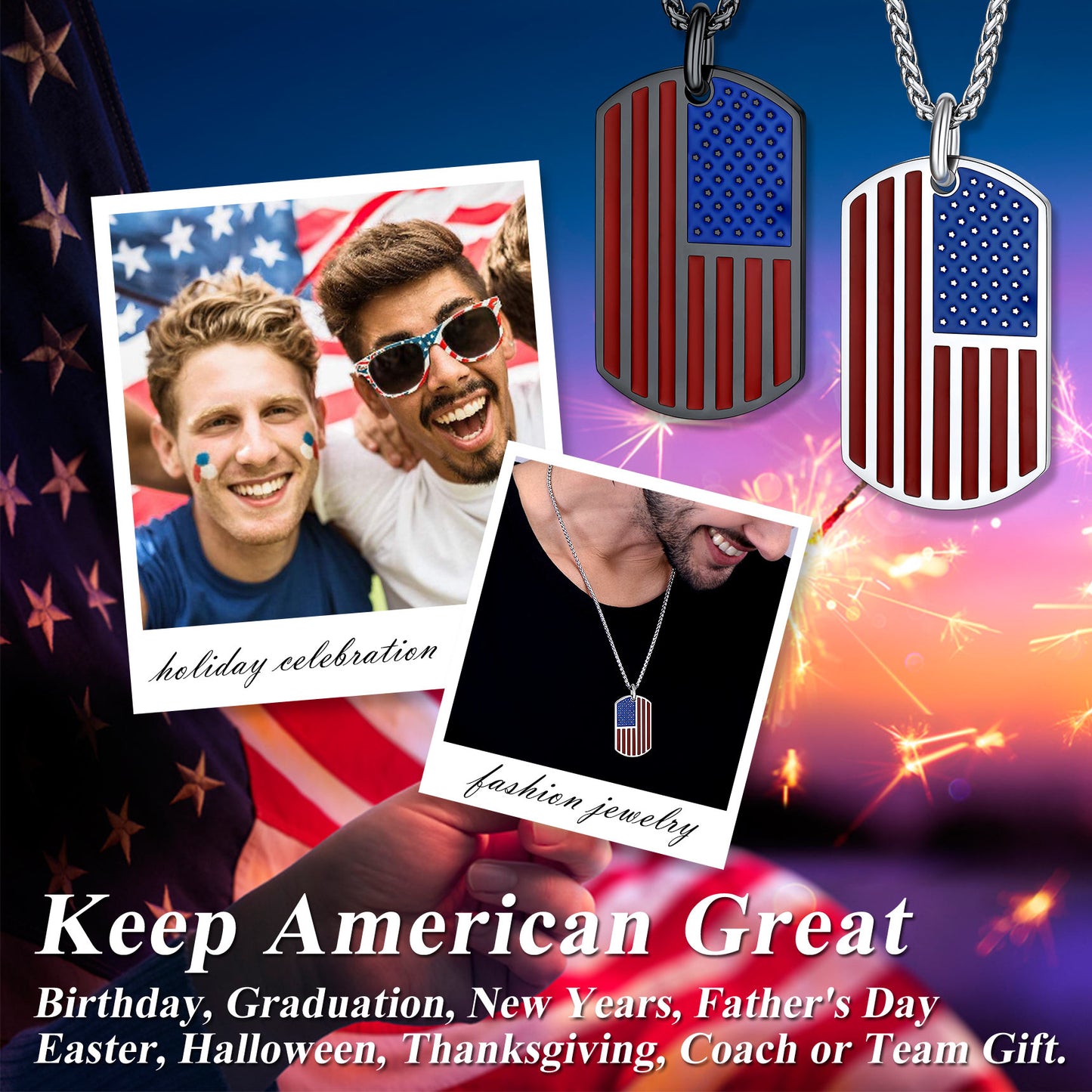 merican Flag Dog Tag Necklace Celebration 4th of July Day