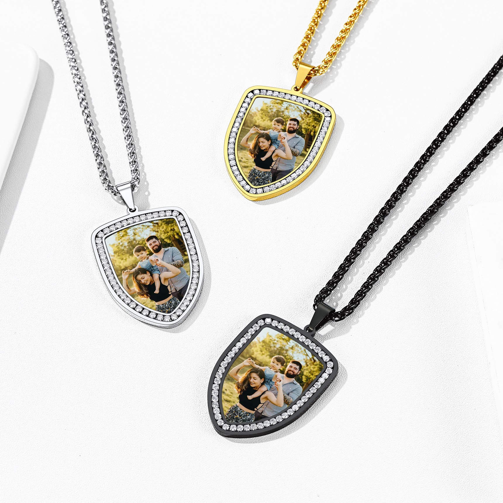 Men's Shield Photo Necklace with CZ - Family Picture