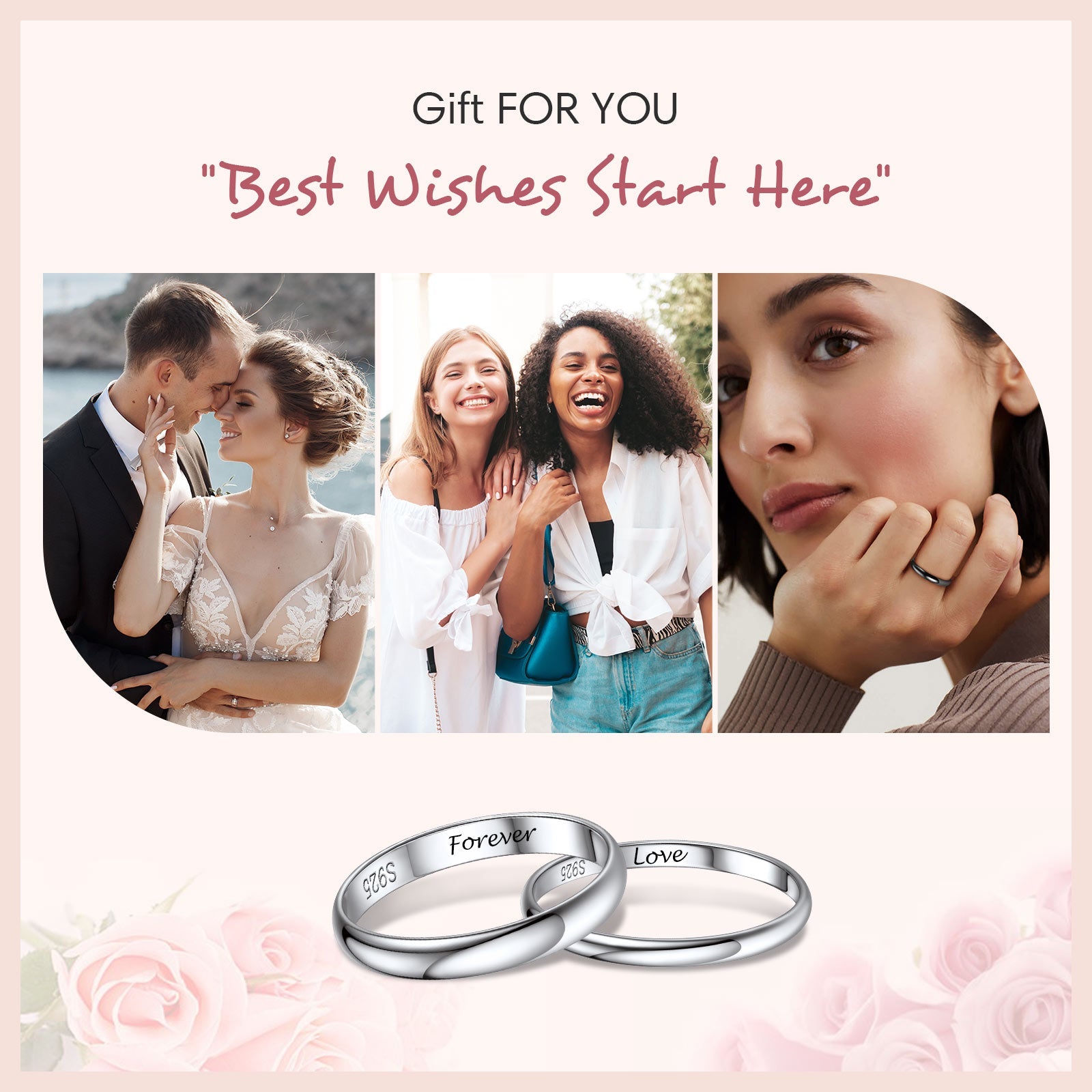 Jewelry advertisement with two silver rings, a couple, and friends with text 'Gift FOR YOU Best Wishes Start Here'.