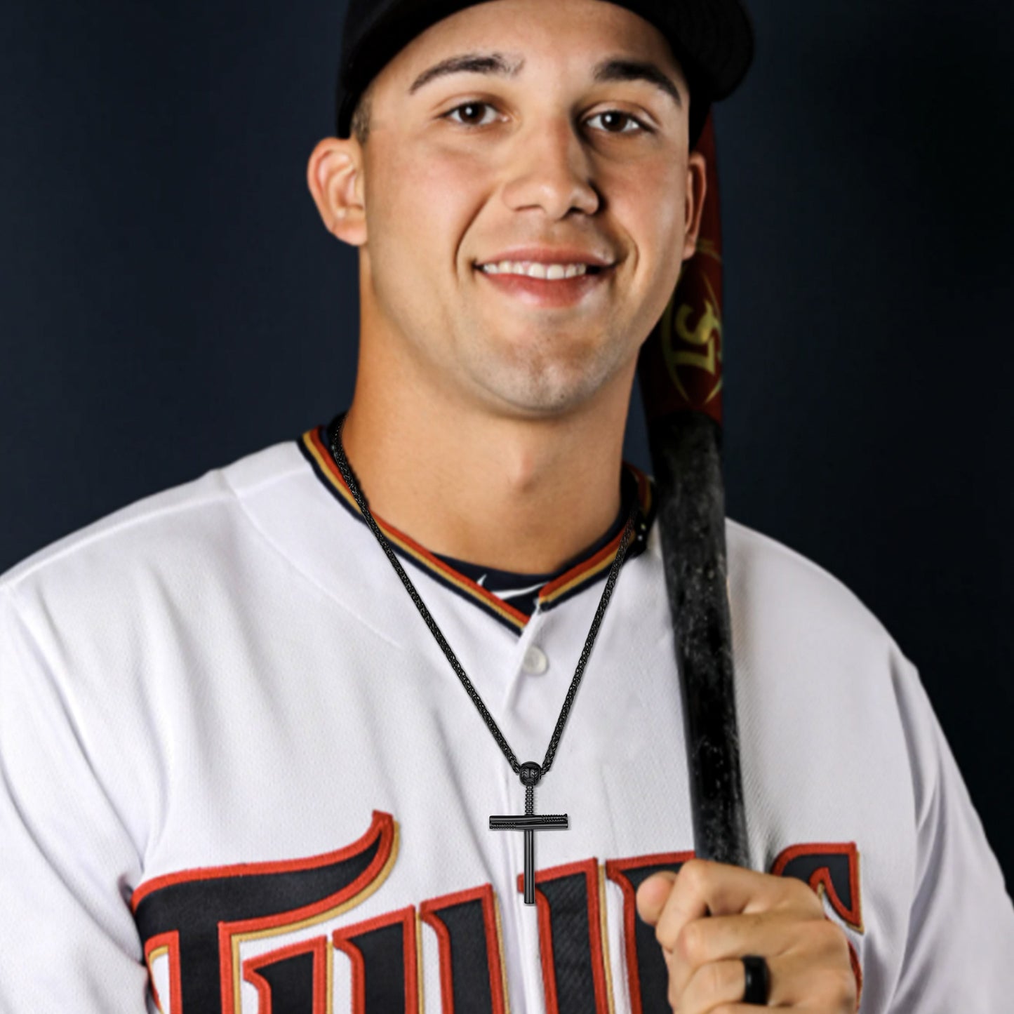 Baseball Bat Cross Necklace for Men - Baseball player wearing a cross pendant