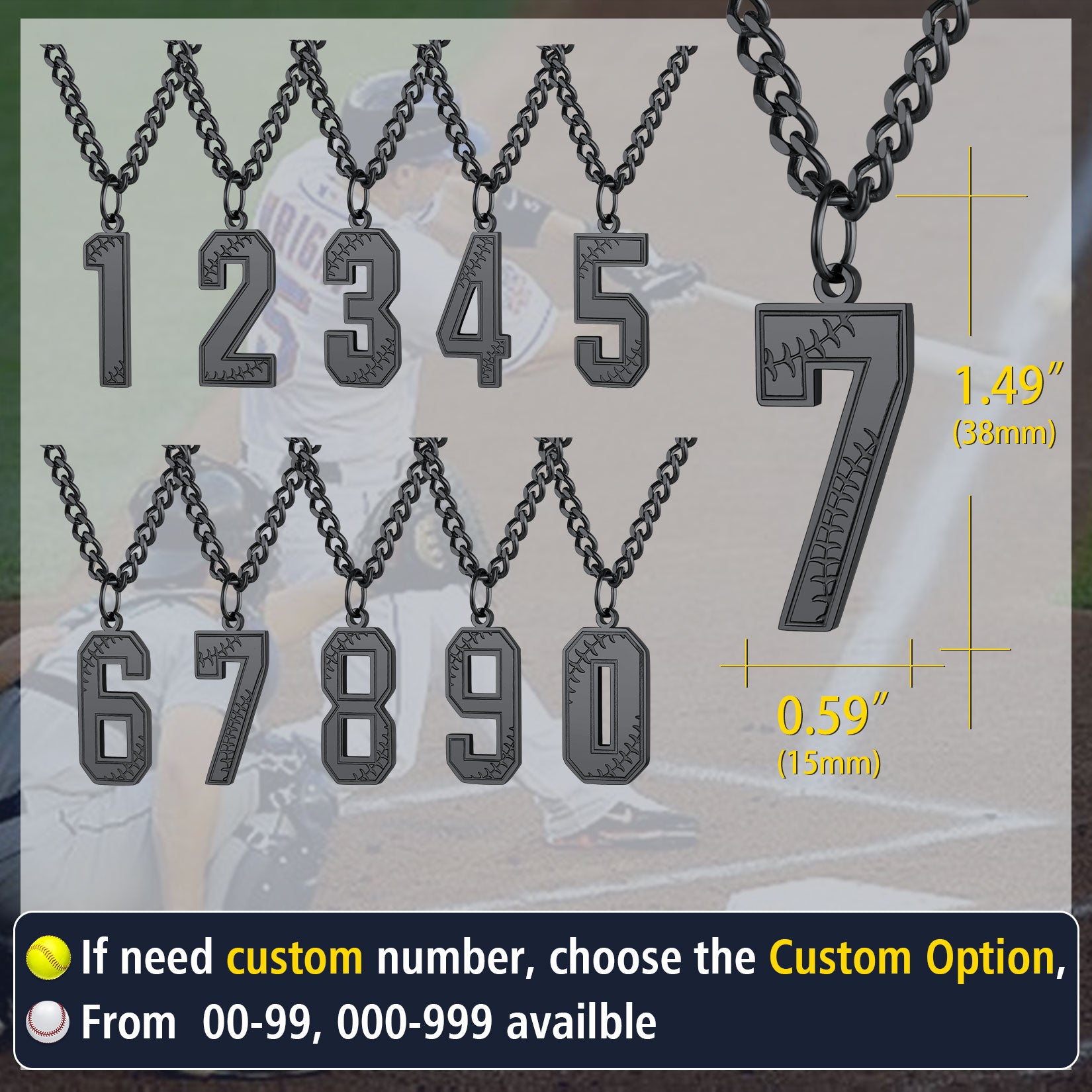 Custom Baseball Number Pendants Necklace, Available numbers 0-9