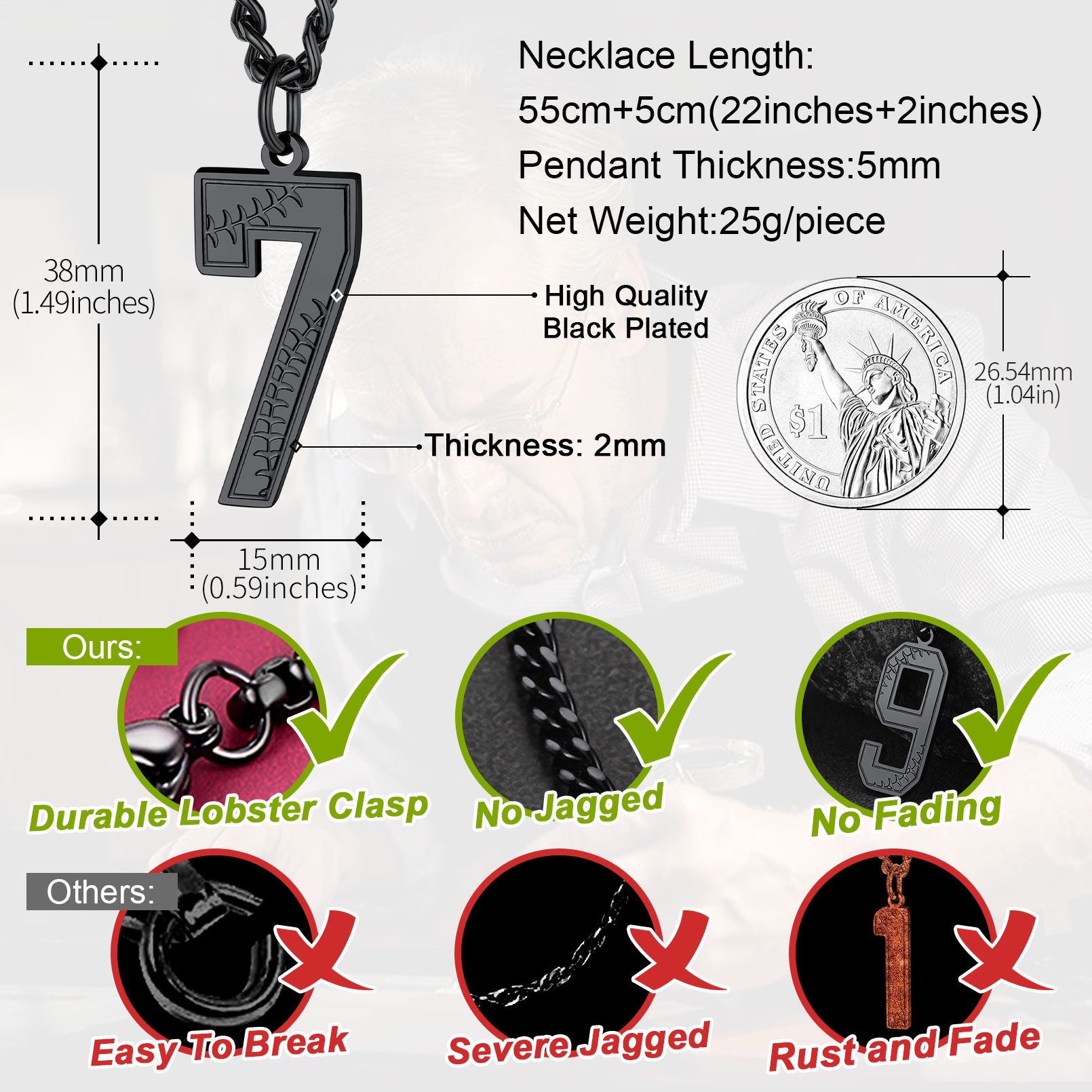 Baseball number 7 pendant necklace, features, dimensions, black finish