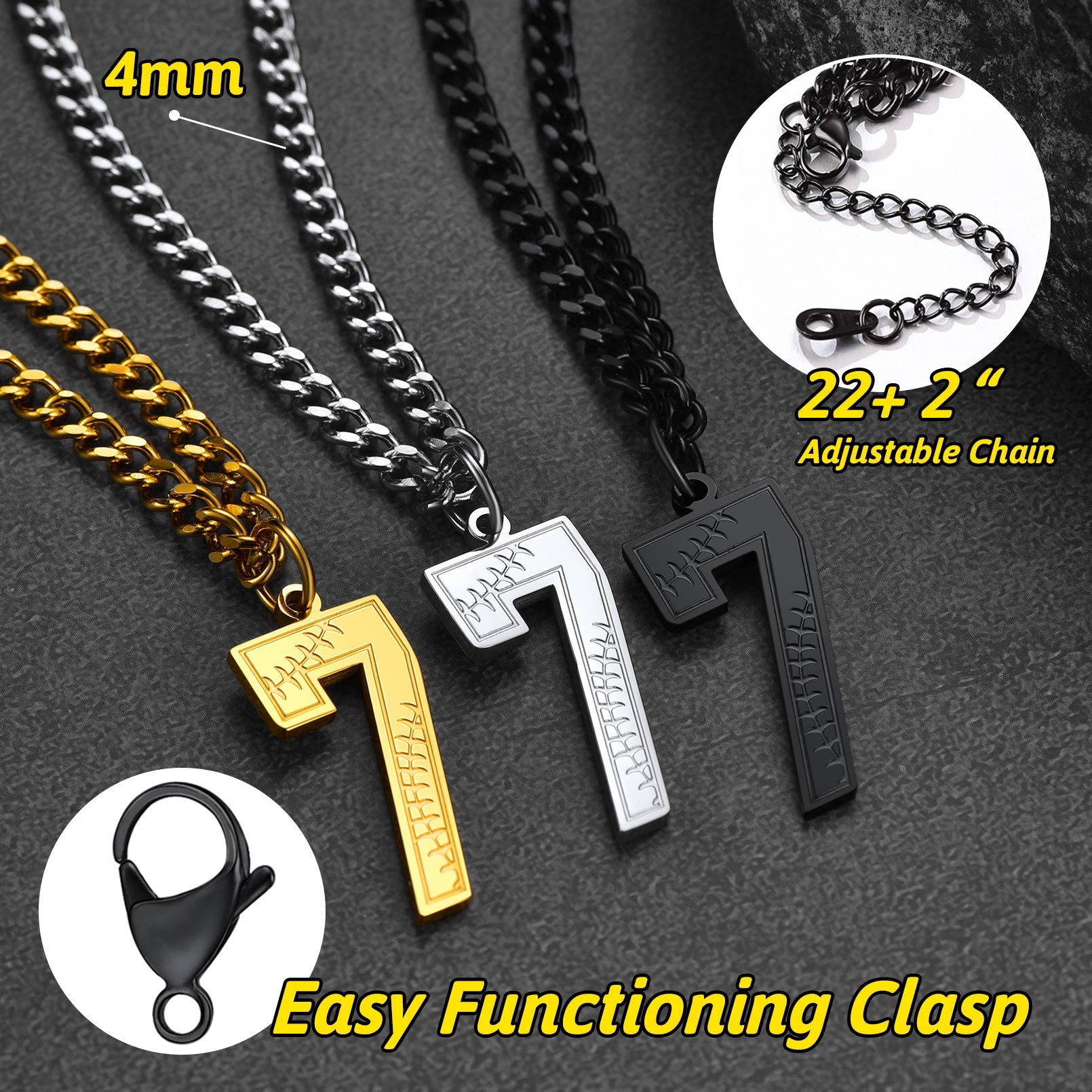 Baseball Number 7 Pendant Necklace, Adjustable Chain