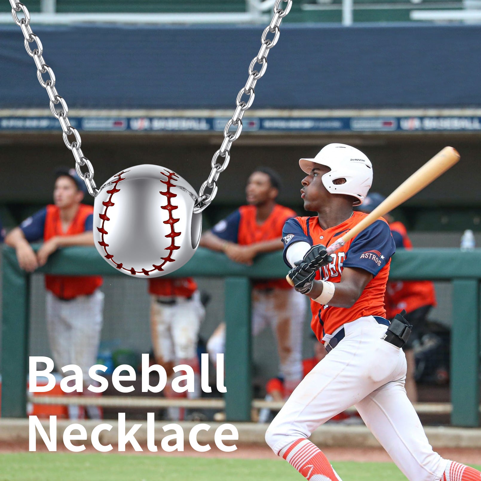 Baseball pendant necklace with a baseball player