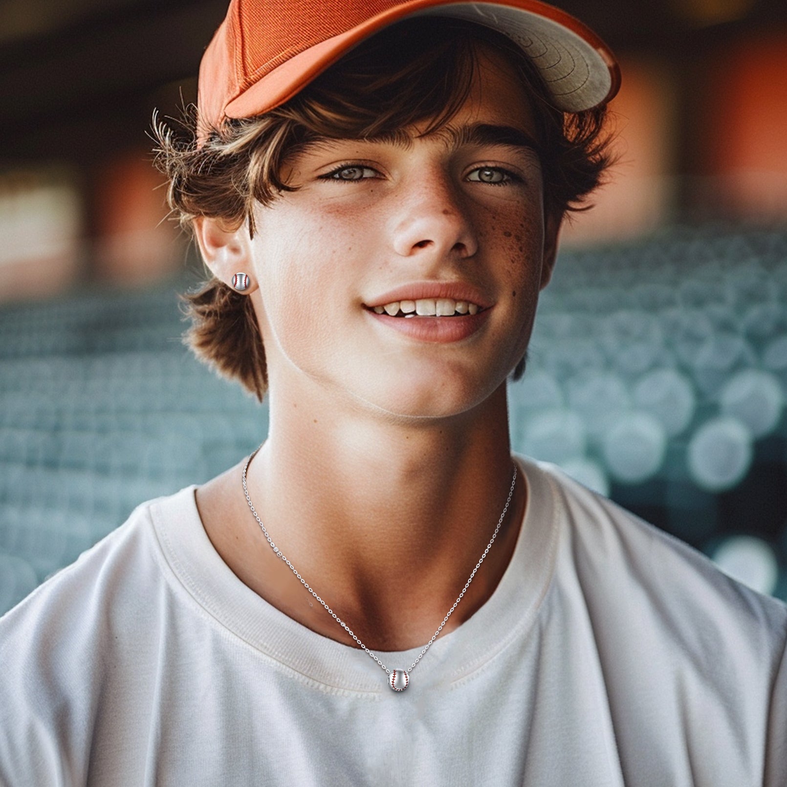 Young man wearing a baseball pendant necklace and baseball earrings