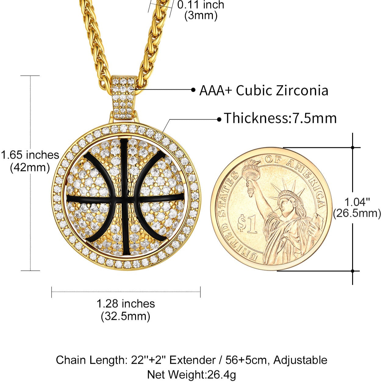 Bling Basketball Spinner Necklace detail with measurements and Cubic Zirconia