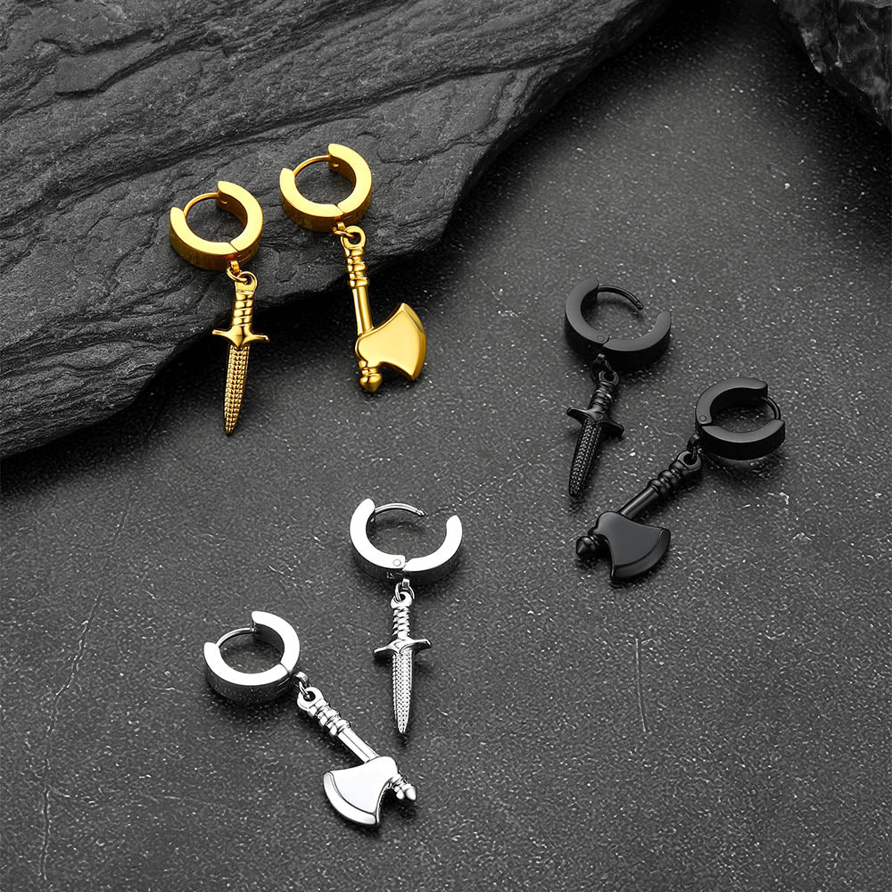 Punk Battle Axe Dagger Dangle Hoop Earrings For Men