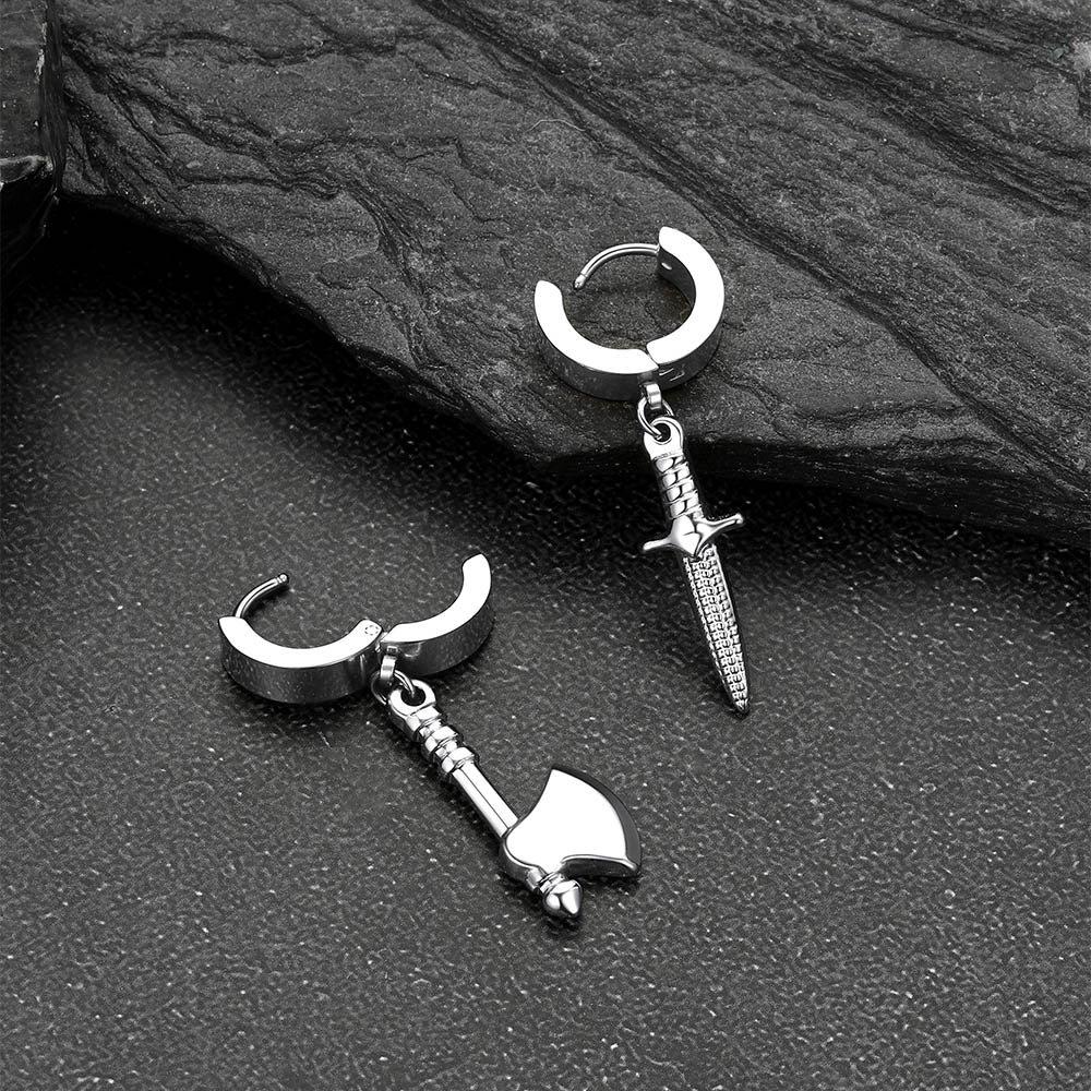 Men's silver axe and dagger dangle hoop earrings