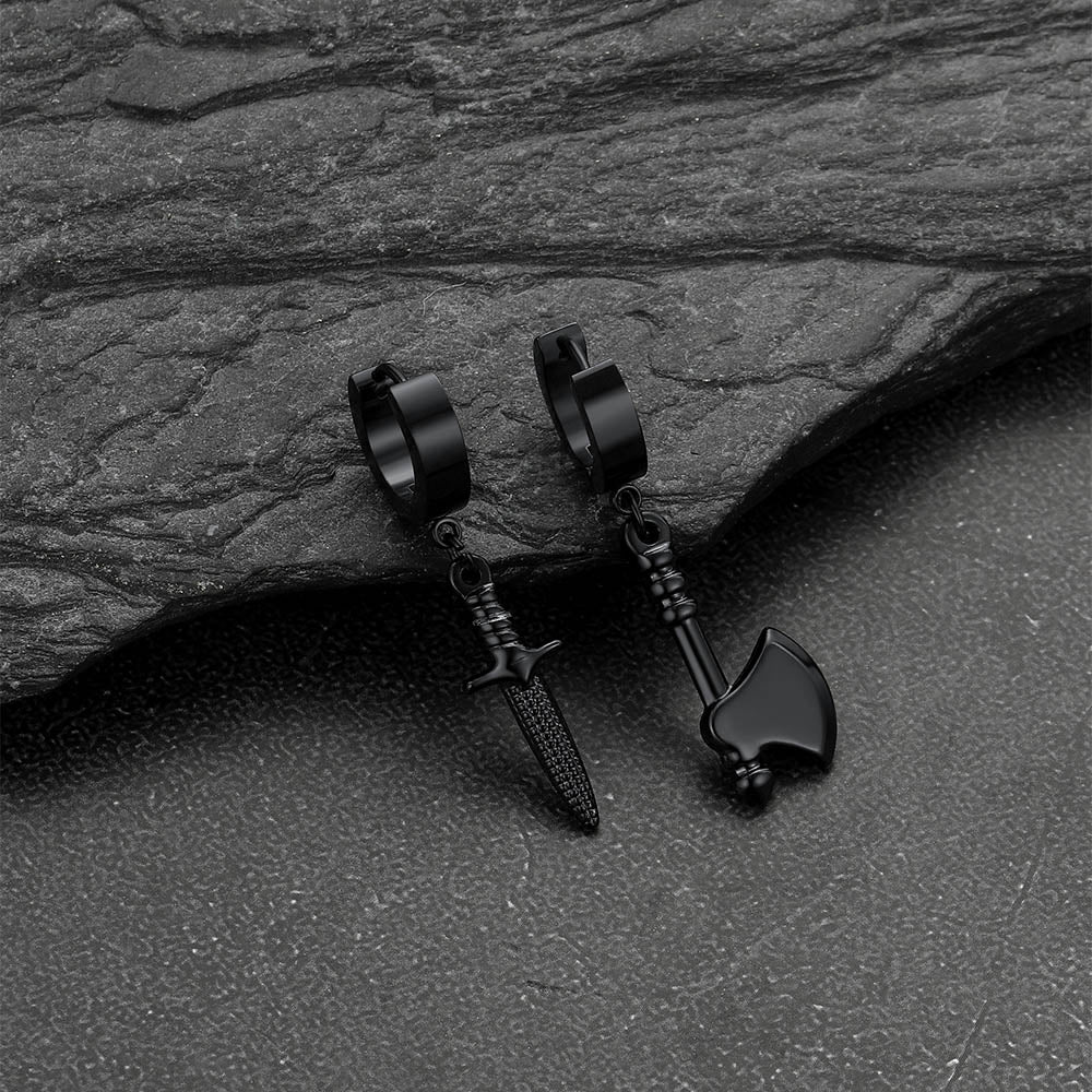 Black stainless steel punk earrings with axe and dagger charms