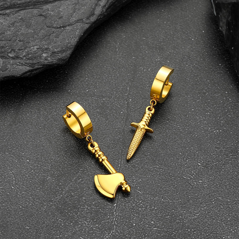 Gold Axe and Dagger Hoop Earrings for Men