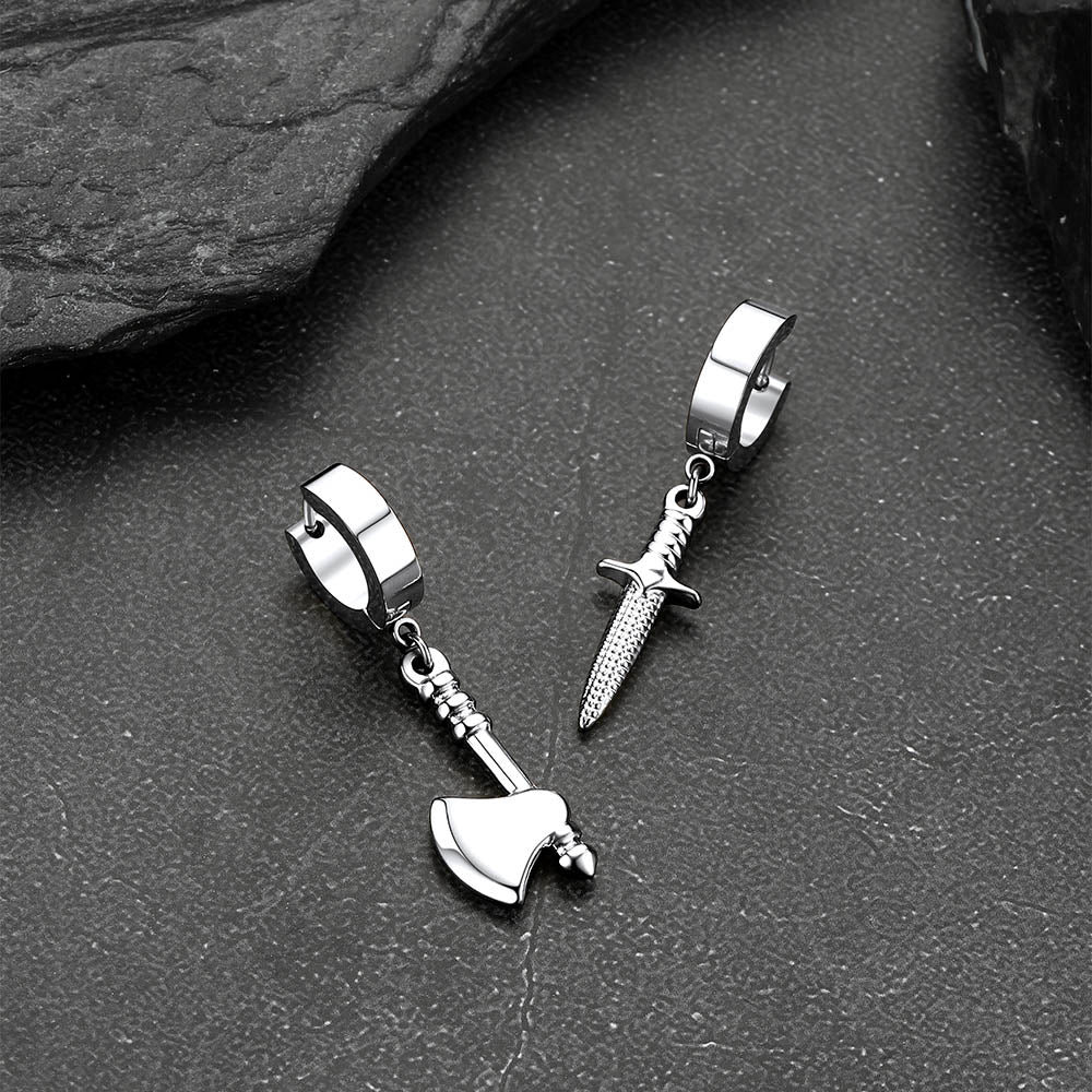 Stainless steel axe and dagger hoop earrings for men