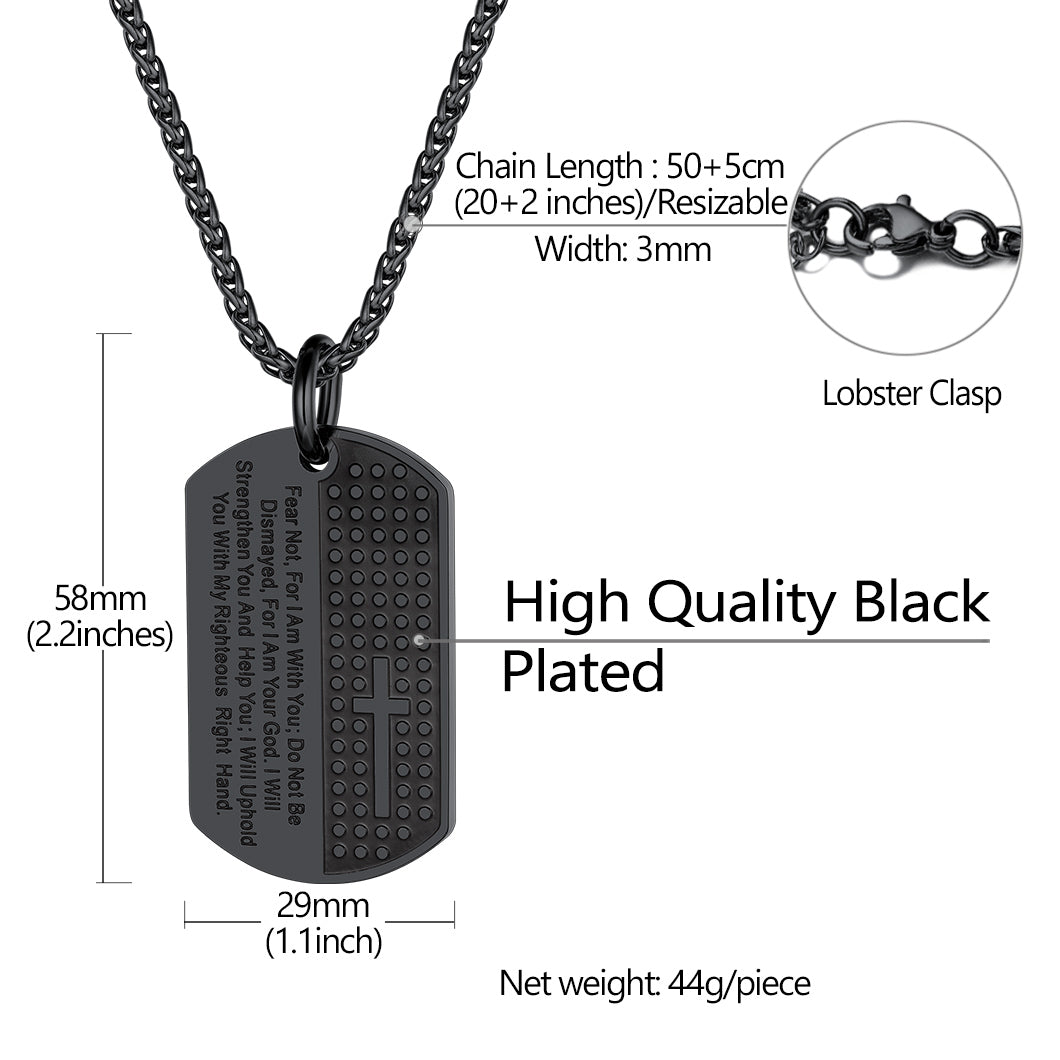 Black dog tag necklace with cross and engraved bible verse for men