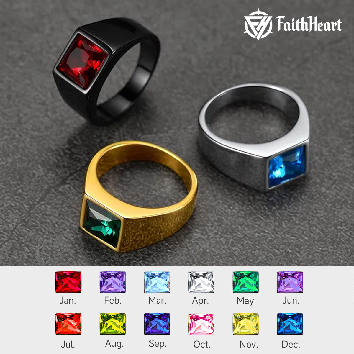 Men's birthstone gemstone band ring in stainless steel by Faithheart