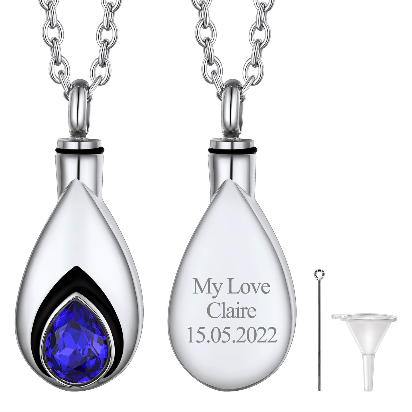 Silver Custom Tear Drop Birthstone Urn Necklace for Ashes