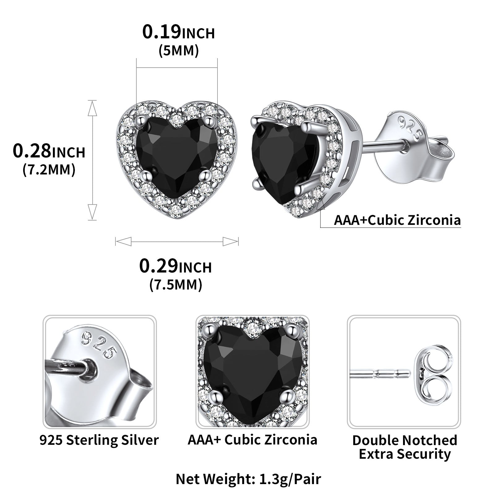 Sterling Silver Black Cubic Zirconia Heart Halo Stud Earrings for Men Women