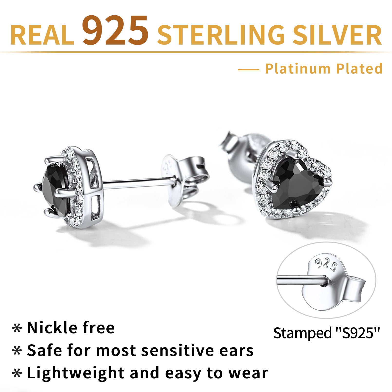 Sterling Silver Black Cubic Zirconia Heart Halo Stud Earrings for Men Women