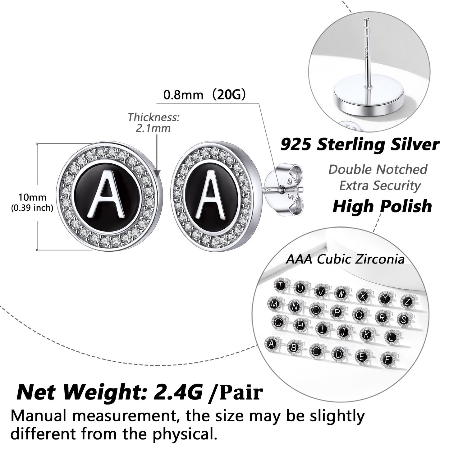 Sterling silver initial A stud earrings, 925 silver, High Polish, Cubic Zirconia