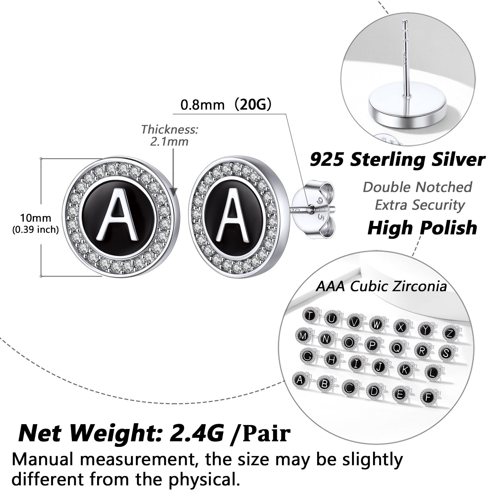 Sterling silver initial A stud earrings, 925 silver, High Polish, Cubic Zirconia