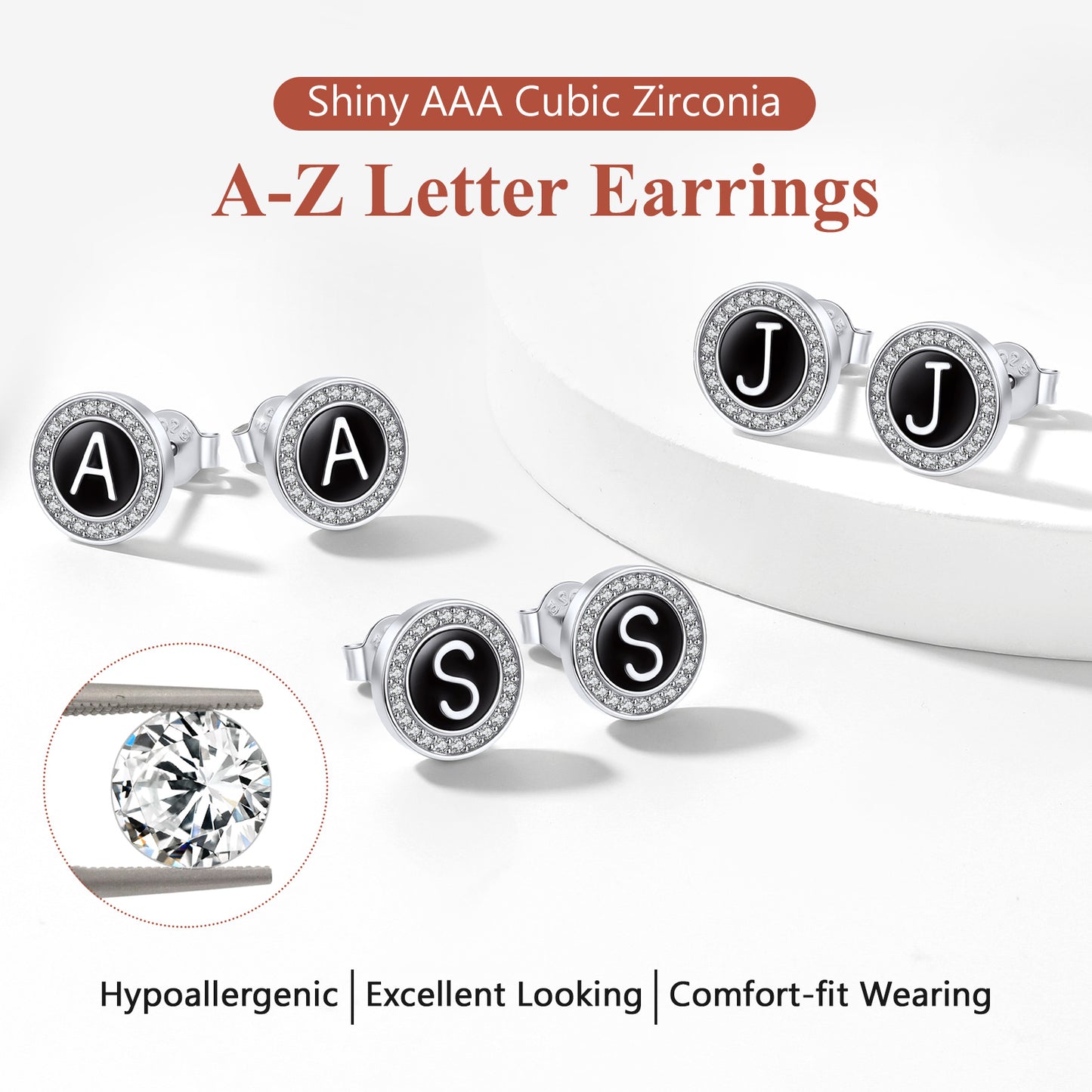 Sterling silver initial letter stud earrings with cubic zirconia accents, Hypoallergenic