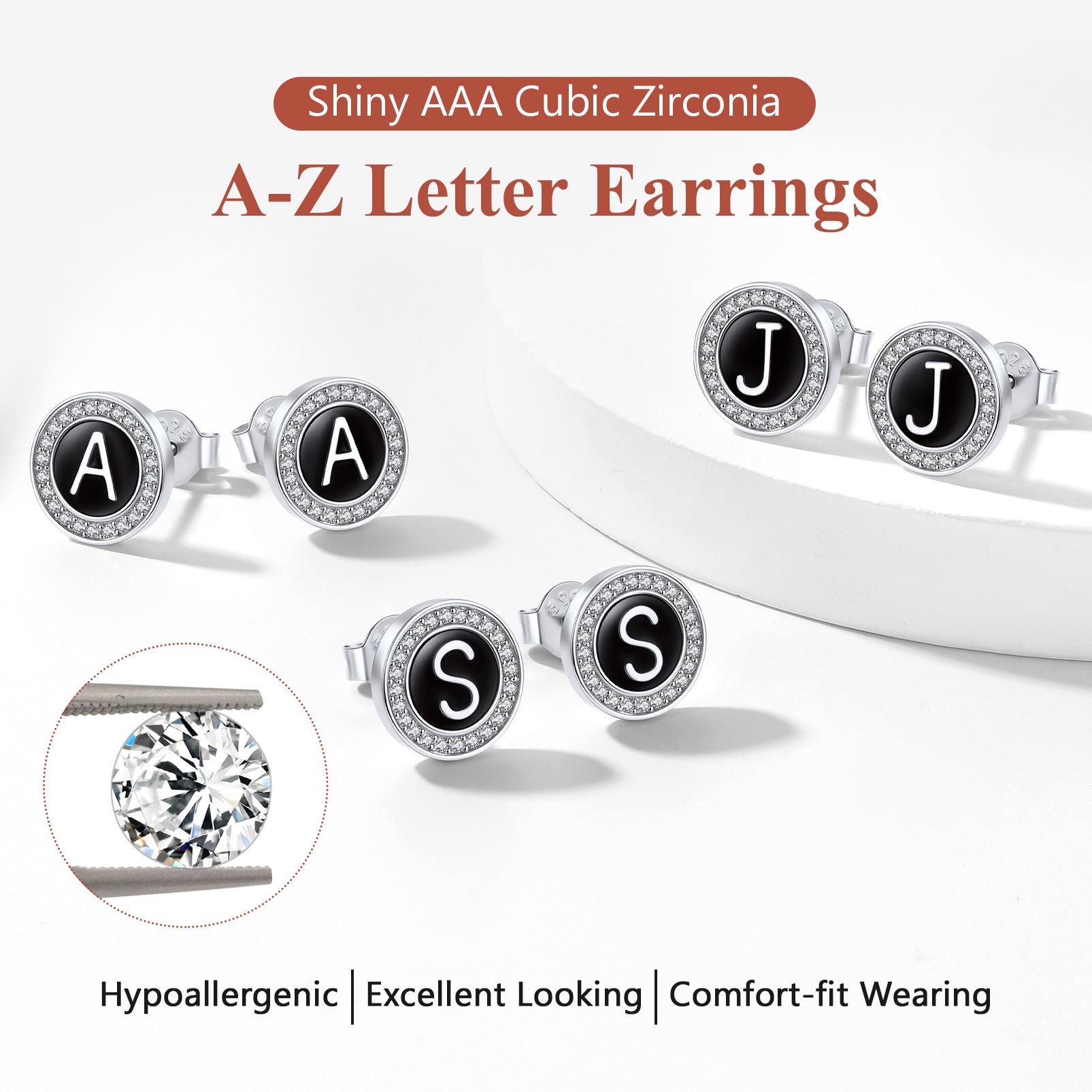 Sterling silver initial letter stud earrings with cubic zirconia accents, Hypoallergenic