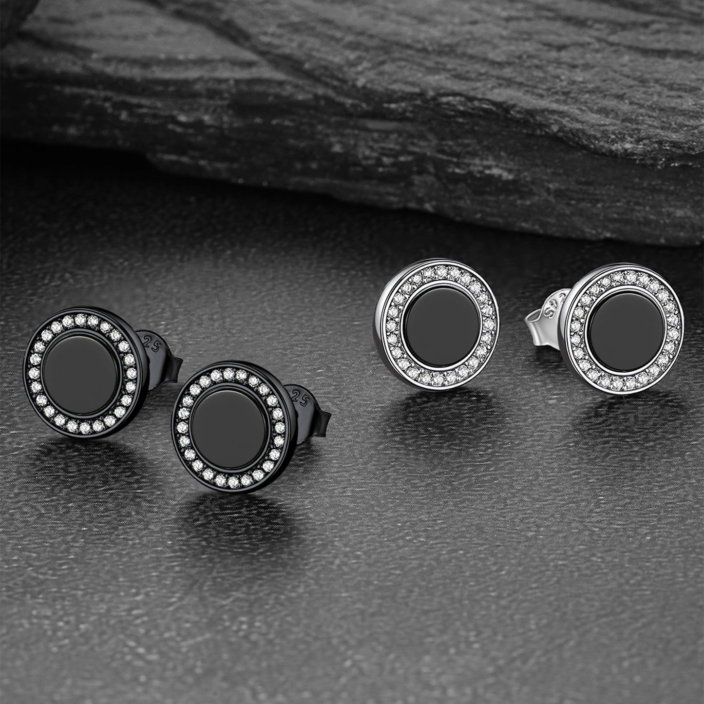 Black onyx stud earrings with diamond accents, sterling silver