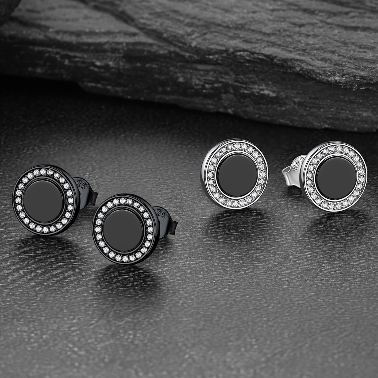 Black onyx stud earrings with diamond accents, sterling silver